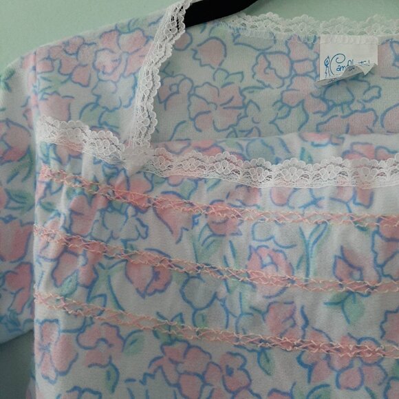 Vtg NEW Girls Flannel PJ Set Flannelette Floral Smocked Lace Pink Blue by Candle - Picture 2 of 9